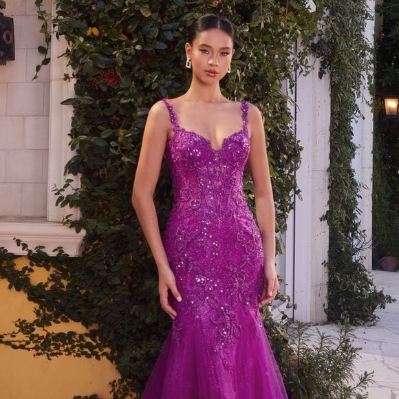 NEW LONG FORMAL TULLE MERMAID GOWN EMBROIDERED WITH FLORAL LACE & BEADS CD A1231 - Picture 4 of 9